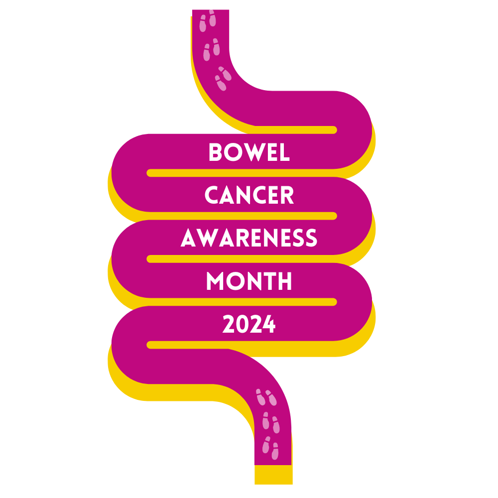 A spiral shape representing the human intestines. In text across the image, the text reads 'Bowel Cancer Awareness Month 2024'